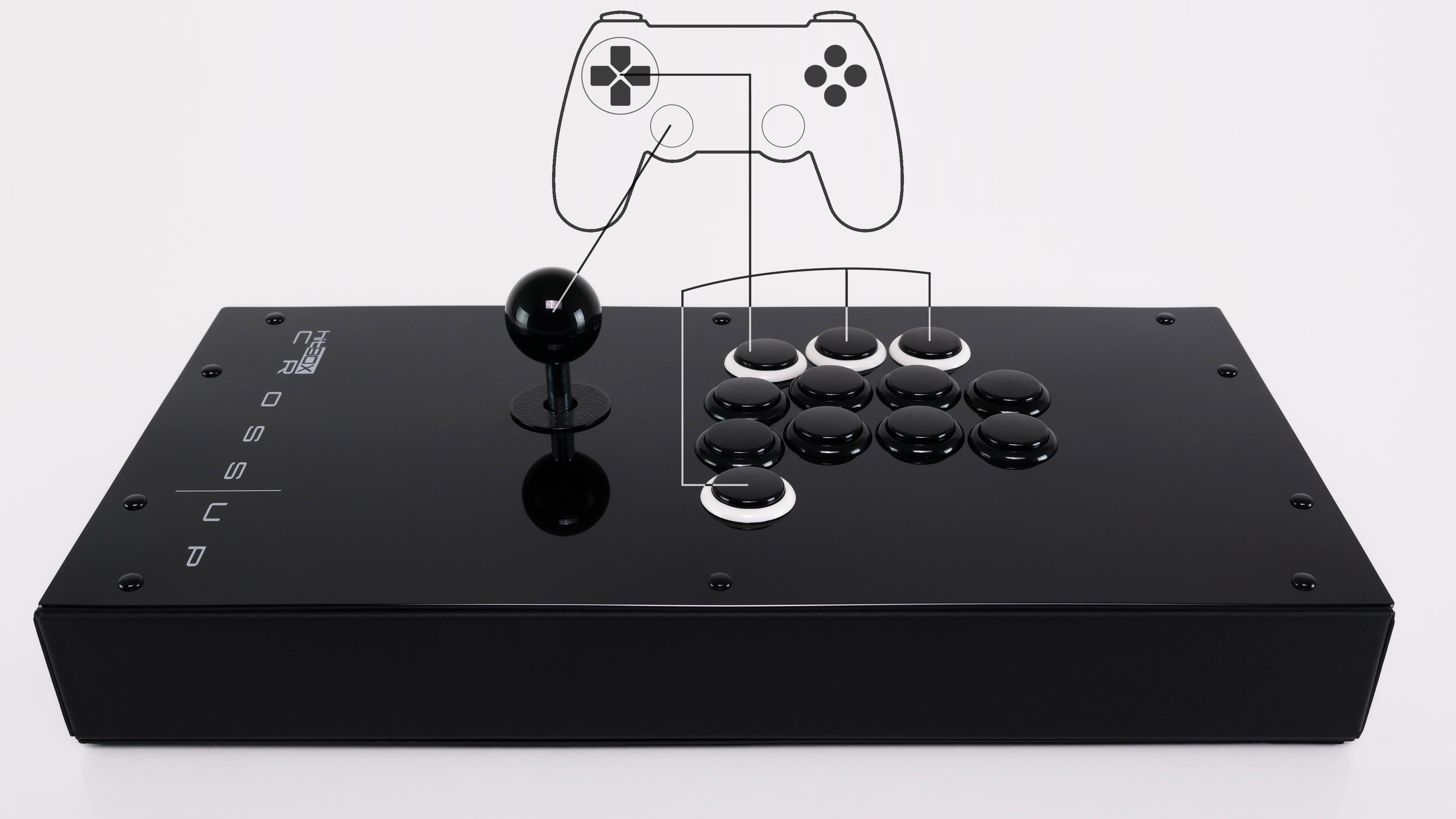 Official diagram mapping gamepad directional and face-button functions onto the Hit Box Cross|Up layout.
